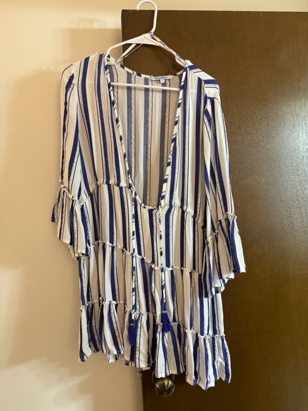 blue island Blue and White Striped V-Neck Tiered Mini Dress